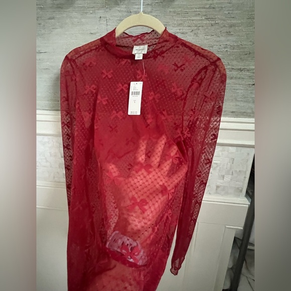 NWT new small Anthropologie Maeve bow mock neck sheer mesh top red - Picture 8 of 16
